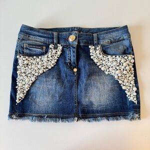 PHILIPP PLEIN Embellished Denim Skirt with Pearl Accents, Size 26